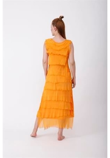 Italyan 2 Beden İnce Gösteren Kat Kat Kolsuz Ipek Elbise-8769 Oranj