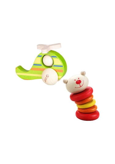 Calimeratoys Ahşap Ayıcık Çıngırak & Helikopter Oyuncak 2li Set