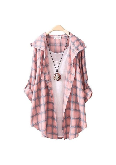 Pembe Güneş Koruyucu Gömlekler Kadın Kapşonlu Ekose Uzun Kollu Bol Üstler İnce Paltolar Hırkalar Pembe Pembe Güneş Koruyucu Gömlekler Kadın Kapşonlu Ekose Uzun Kollu Bol Üstler İnce Paltolar Hırkalar Pembe