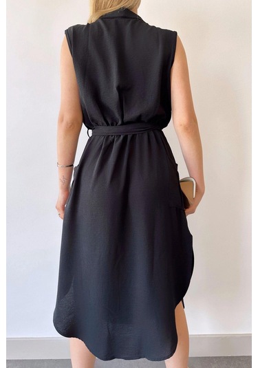 Kadın Siyah Kalın Askılı, Kruvaze Yaka, Düz Desen, Aerobin Yırtmaçlı, Kemerli Midi Elbise Siyah