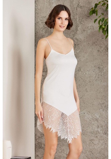 Pierre Cardin 4015 Penye Dantelli Gecelik Ve Sabahlık Takım Ekru