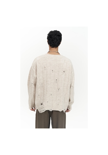 Vincent Yırtık Detay Bej Erkek Triko Kazak Bej