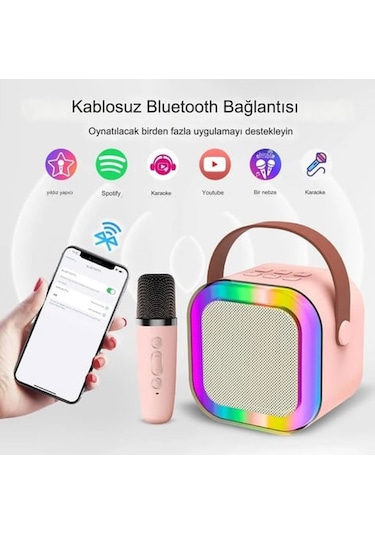 Rgb Işıklı Kablosuz Mikrofonlu Taşınabilir Bluetooth Hoparlör Kar