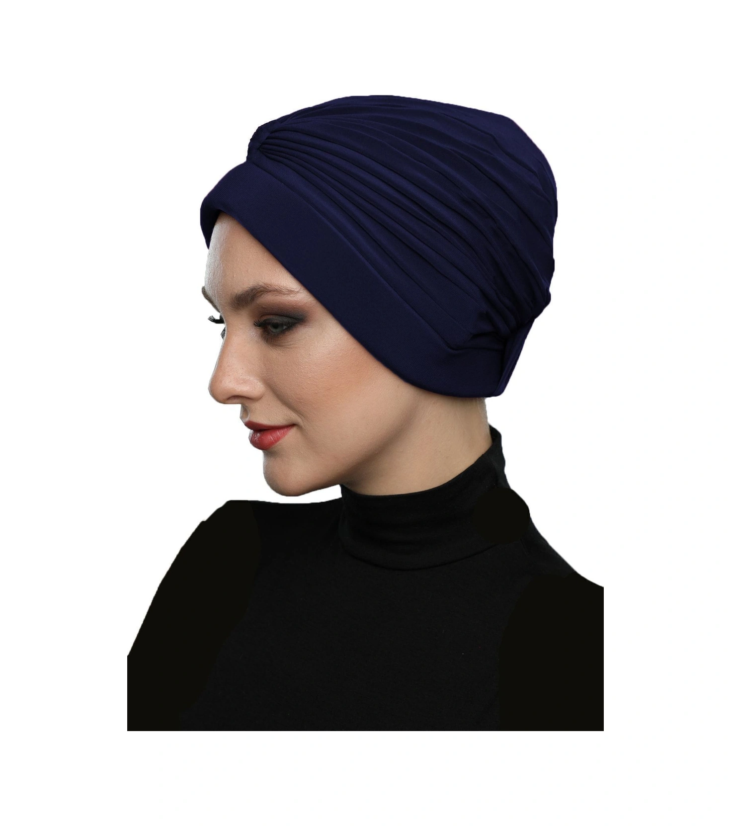 Bantlı Ön Ve Ensesi Bantlı Nervürlü Lacivert Süngerli Hazır Türban Tesettür Bone Havuz Bonesi Lacivert