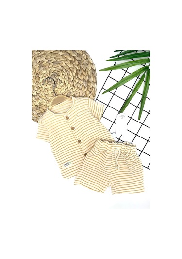 9-12-18-24 Ay Düğme Detaylı Çizgili Müslin Kumaş Yazlık 2li Erkek Bebek Takımı Sari