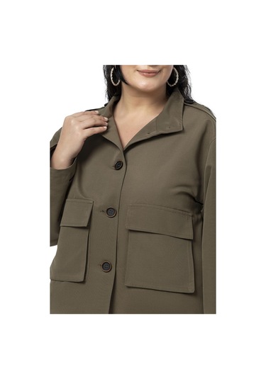 Büyük Beden Dik Yaka Kapaklı Torba Cepli Astarlı Kısa Haki Trençkot Haki