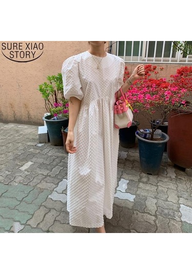 Kadın Uzun Elbise Yaz Rahat O-boyun Puf Kollu Büyük Boy Noktalar Zarif Kadın Elbisesi Bayanlar Gevşek Vestidos Femme Beyaz