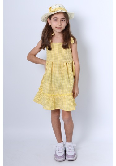 Kız Çocuk Şapkalı Elbise Kareli Fiyonklu B33 Sarı