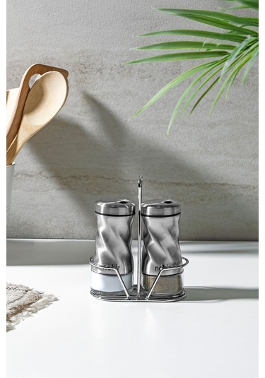 Nehir Burgulu Standlı 2 Parça Paslanmaz Çelik Baharatlık Seti ŞEffaf