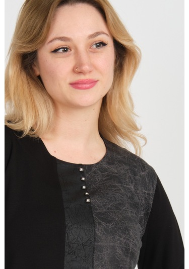 Detay Triko Kadın Suni Deri Detaylı Ve Desenli Uzun Kol Bluz 4553 Siyah Siyah