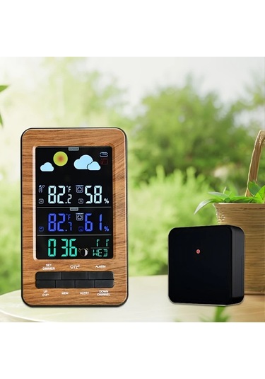 Motion003 Geniş Lcd Dijital Hava İstasyonu Dış Sensörlü Atomik Saat Sıcaklık Nem Monitörü Kahverengi