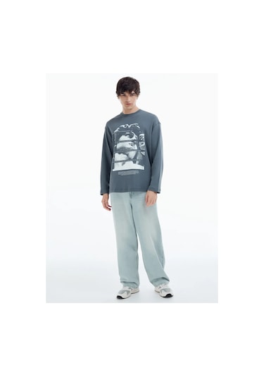 Tvoe Antik Heykel Baskılı Oversize Uzun Kollu Erkek Tişört 479789516 Koyu Gri