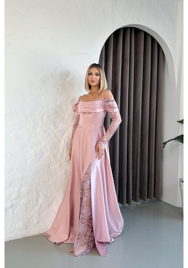 Kolları Dantelli Pudra Saten Abiye Elbise Pudra
