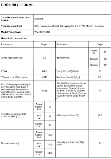Siemens WM14UP90TR 1400 Devir 9 KG Çamaşır Makinesi