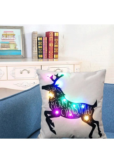 Qingmipy Elk Desenli Led Işıklı Noel Yastık Kılıfı - Flaks Materyal, Dekoratif Ve Konforlu, Pil Dahil Değil Diğer