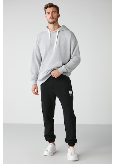 Rowan  Erkek Relaxed Içi Şardonlu Önü Nervürlü Dekoratif Etiketli Siyah Eşofman Altı