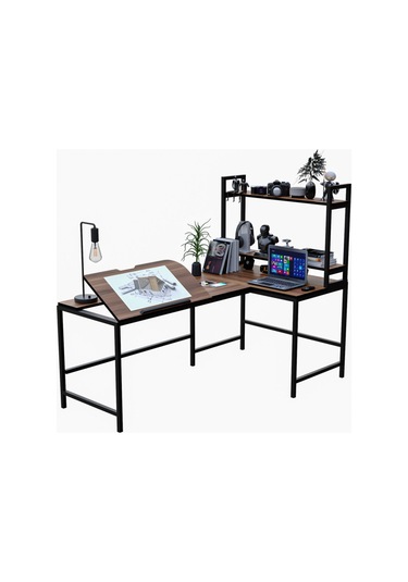 L Masa Raflı L Şekilli Ofis Masası 620-c Ceviz