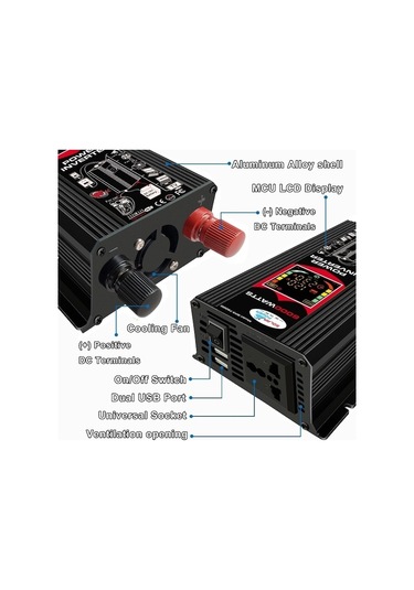 Besthome1 12v-220v 6000w Araç Güç Çevirici, Lcd Ekranlı, Çift Usb, Siyah