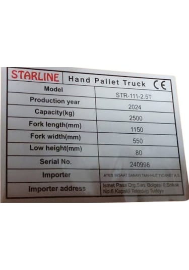 Starline Str-111 2,5 Ton Transpalet