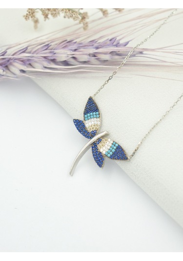 Brezza Lusso Jewelry Yusufçuk Kolye 925 Ayar Gümüş Mavi Taşlı Kadın Kolye Gümüş