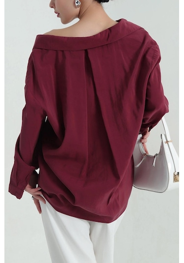 Ribana Tek Cep Modal Oversize Kadın Gömlek Bordo