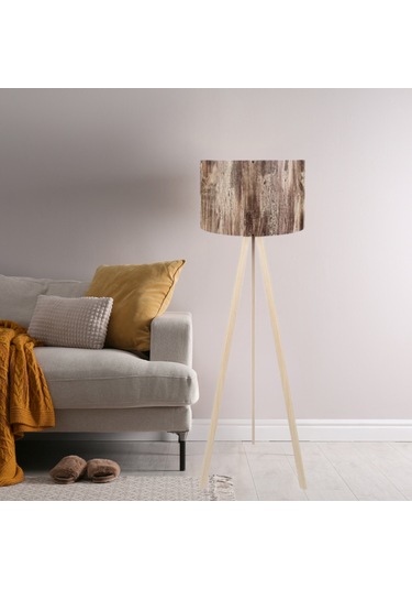 Pratik Ahşap Krem Tripod Ayaklı Pvc Ağaç Desenli Silindir Başlıklı Lambader Kahverengi