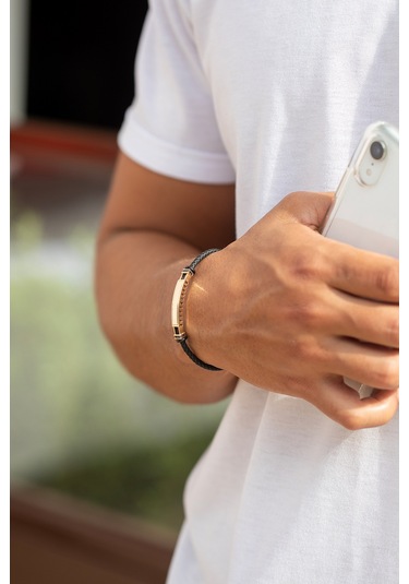 14 Ayar Altın Plaka Siyah Kauçuk Erkek Bilekliği Siyah