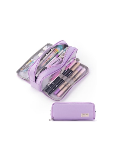 Okul Genç Kız Erkek İçin Büyük Kapasiteli Kalem Kutusu 3 Bölmeli Kese Kalem Çantası-mor