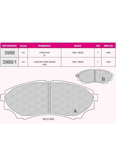 Bsr Fren Balata On Ikazlı Ford Ranger 2.5 Tdcı 4x4 2002-2006 / Ranger 2.2 Tdcı 2002-2006 / Ranger 3.0 Tdcı 2002-2006 / Ranger 3.2 Tdcı 2002-2006 / Maz