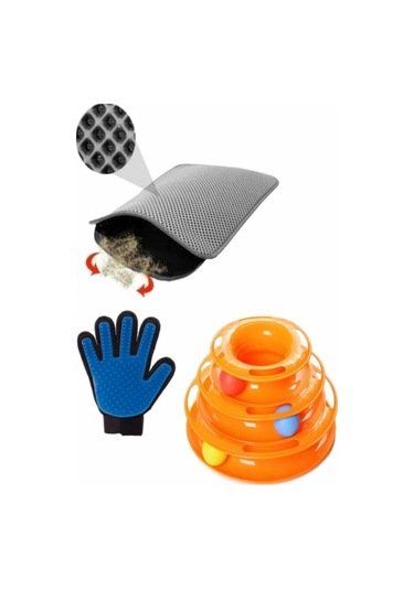Kedi Oyuncağı + Tüy Toplama Eldiveni + Kedi Tuvalet Paspası 3'lü Set Çok Renkli