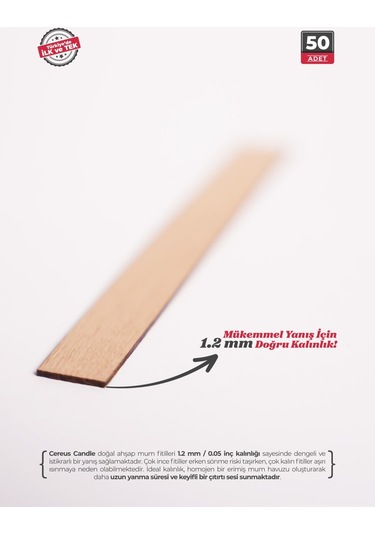Ahşap Mum Fitili 12 Mm Genişlik Çelik Taban, 3m Köpük Bantlı, 50 Li Set Ahşap