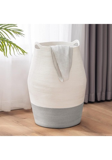 Themis Çamaşır Sepeti, Kirli Elbise Sepeti, Hasır Pamuk Halat Uzun Çamaşır Sepeti, Ev Dekoru Beyazgri