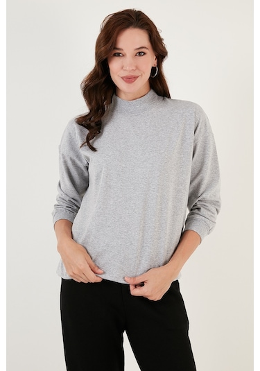 Lela Pamuklu Dik Yaka Basic Örme Bayan Sweat 5863323 Gri Melanj