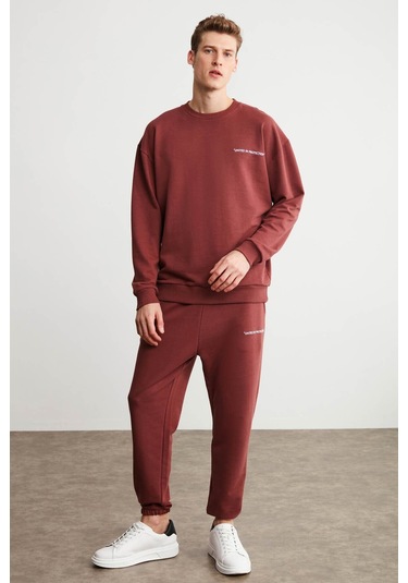 Raırok Erkek İçi Polarlı Comfort Oversize Nakışlı Bordo Sweat