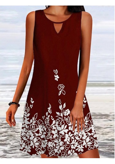 Yaz Kadın Etek Bol Baskı Uzun Kollu Tasarım Sense Çiçek Kolsuz Elbise Kırmızı