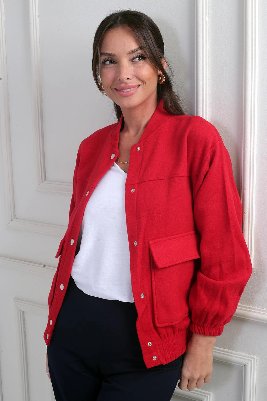 Beli Lastikli Torba Cepli Kaşe Bomber Mont-41914 Kırmızı