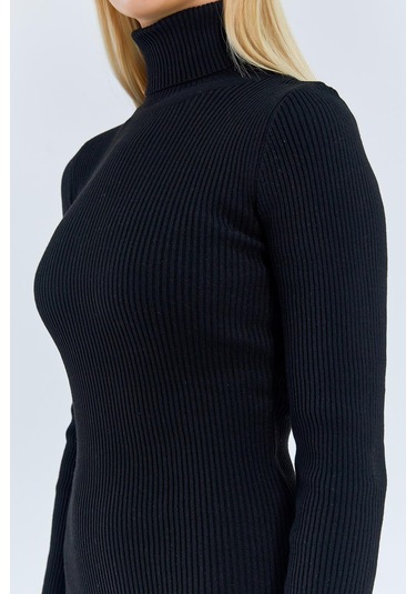 6889 Kadın Balıkçı Yırtmaçlı Uzun Triko Elbise Siyah Siyah