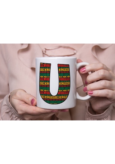 U Harfi Etnik Desenli Kupa - Afrika Tarzı Kahve Çay Kupası - Hediyelik - Black History Beyaz