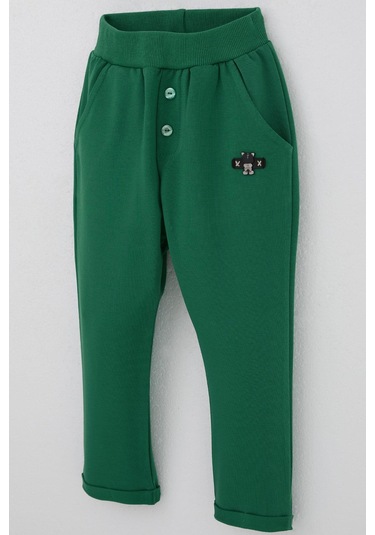 Breeze Erkek Bebek Eşofman Altı Ayıcık Armalı Düğme Aksesuarlı 9 Ay-3 Yaş, Koyu Yeşil Koyu Yeşil