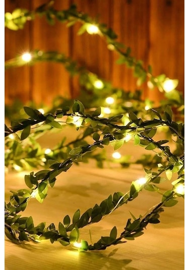 Dekoratif 7 Metre Yapay Yapraklı Tel Şeritli Sarmaşık + 10 Metre Peri Led Yeşil
