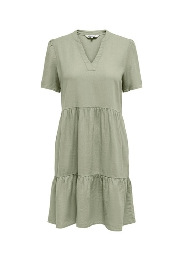 Only Kadın V Yaka Kısa Kollu Keten Elbise Cok Renklı