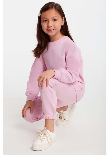 Grımelange Jabor Kız Çocuk Nakışlı Bisiklet Yaka Comfort Pembe Eşofman Takımı Pembe