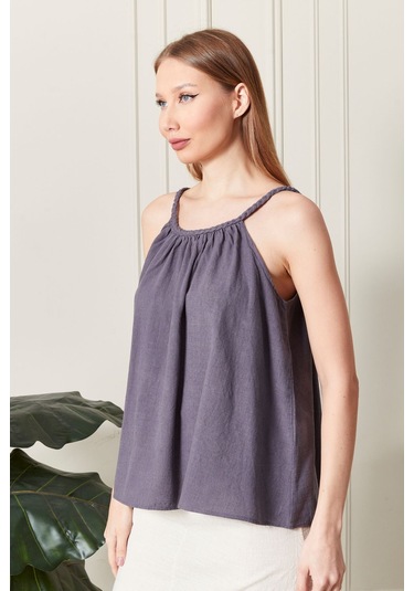 Şık Farklı Tarz Keten Işıl Bluz - Zarif Ve Modern Tasarım Antrasit