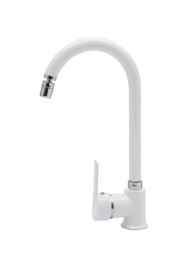 Beyaz Armatür Oynar Perlatörlü Mutfak Evye Bataryası 360 Derece Sıcak Soğuk Su Girişli Beyaz