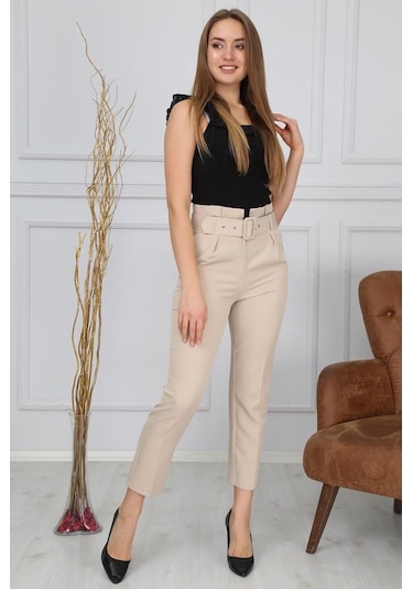 Bluence Beli Kemerli Ekru Dar Paça Kumaş Pantolon Ekru