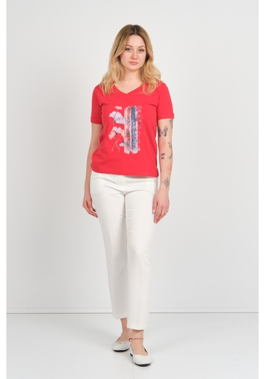 Sistas Kadın Baskı Desenli V Yaka Kısa Kollu Pamuklu Bluz 24100 Kırmızı Kırmızı