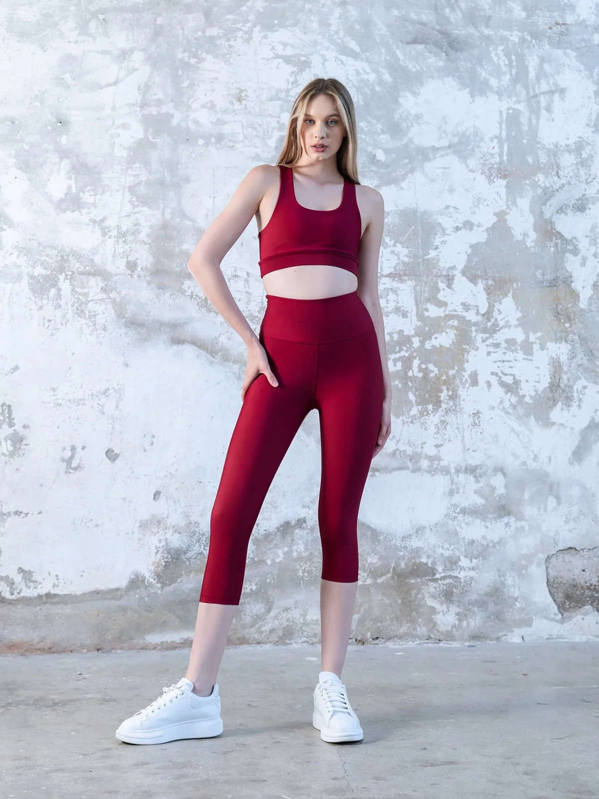 Toparlayıcı Spor Kapri Tayt Bordo