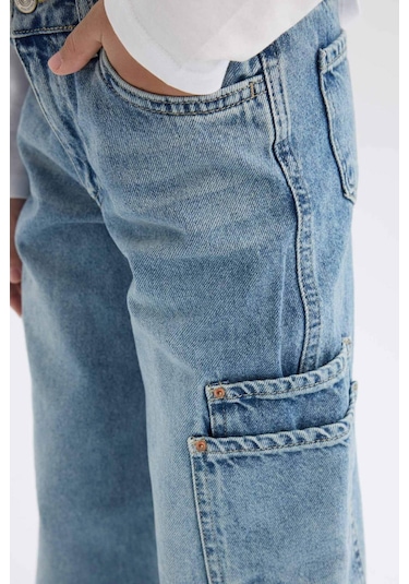 DeFacto Kız Çocuk Wide Leg Kargo Geniş Paça Jean Pantolon D7386A825SMNM39 Mavi