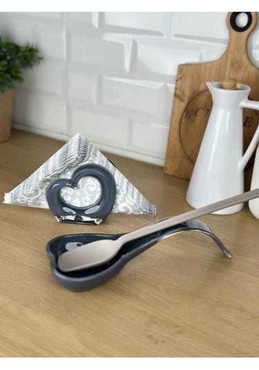 Okyanus Home Çift Baskı Kepçe Kaşık Altlığı Ve Peçetelik Antrasit Antrasit