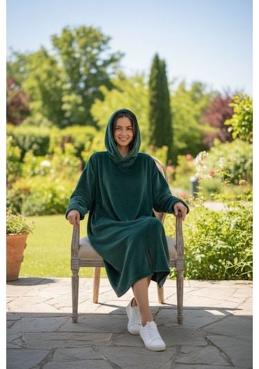 Serona Wellsoft Peluş Kapüşonlu Uzun Panço Yumuşak Dokulu Giyilebilir Tv Battaniyesi Z.yeşil S/m Zümrüt Yeşili